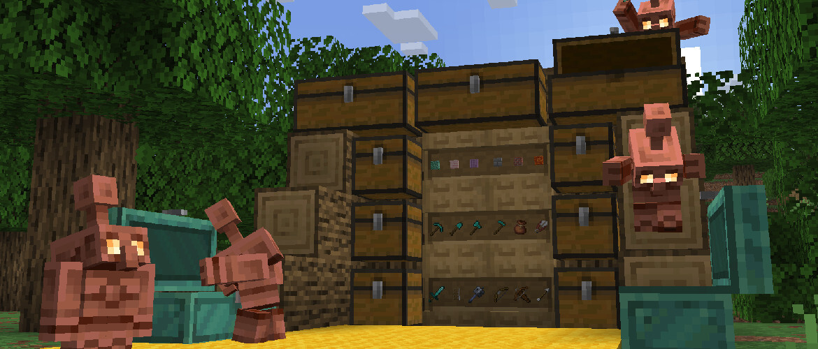 Minecraft chests arranged in a busy outdoor storage workshop.