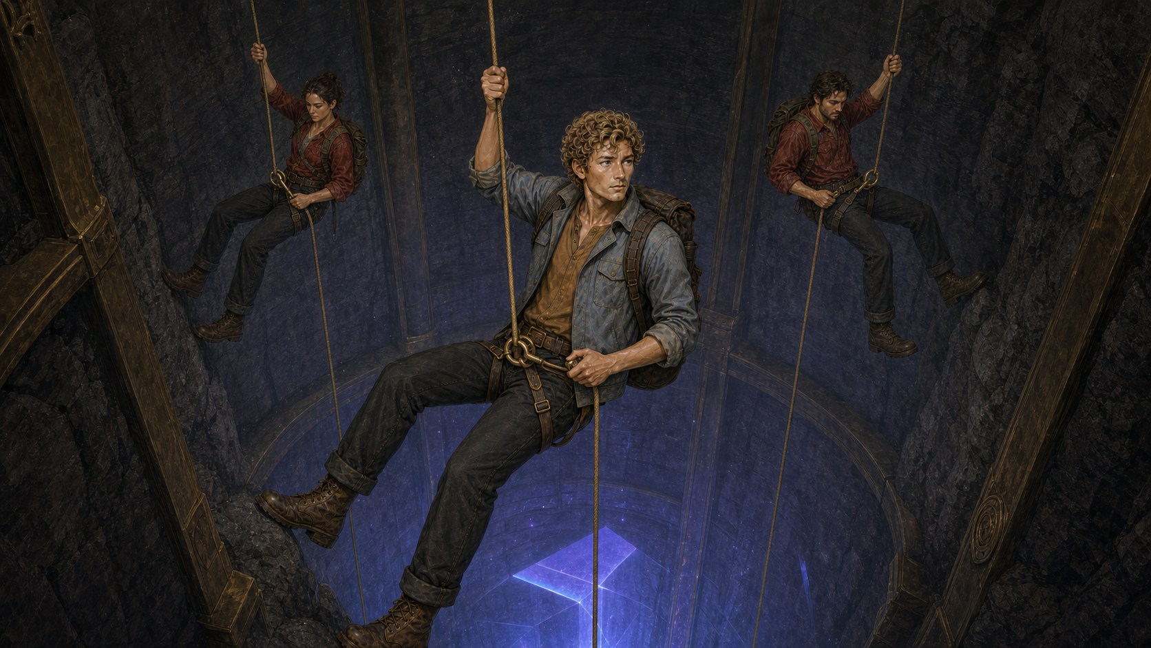 Jules leads two red-shirt Dangerous-ers down three ropes into a deep brass-framed Manyfold shaft.