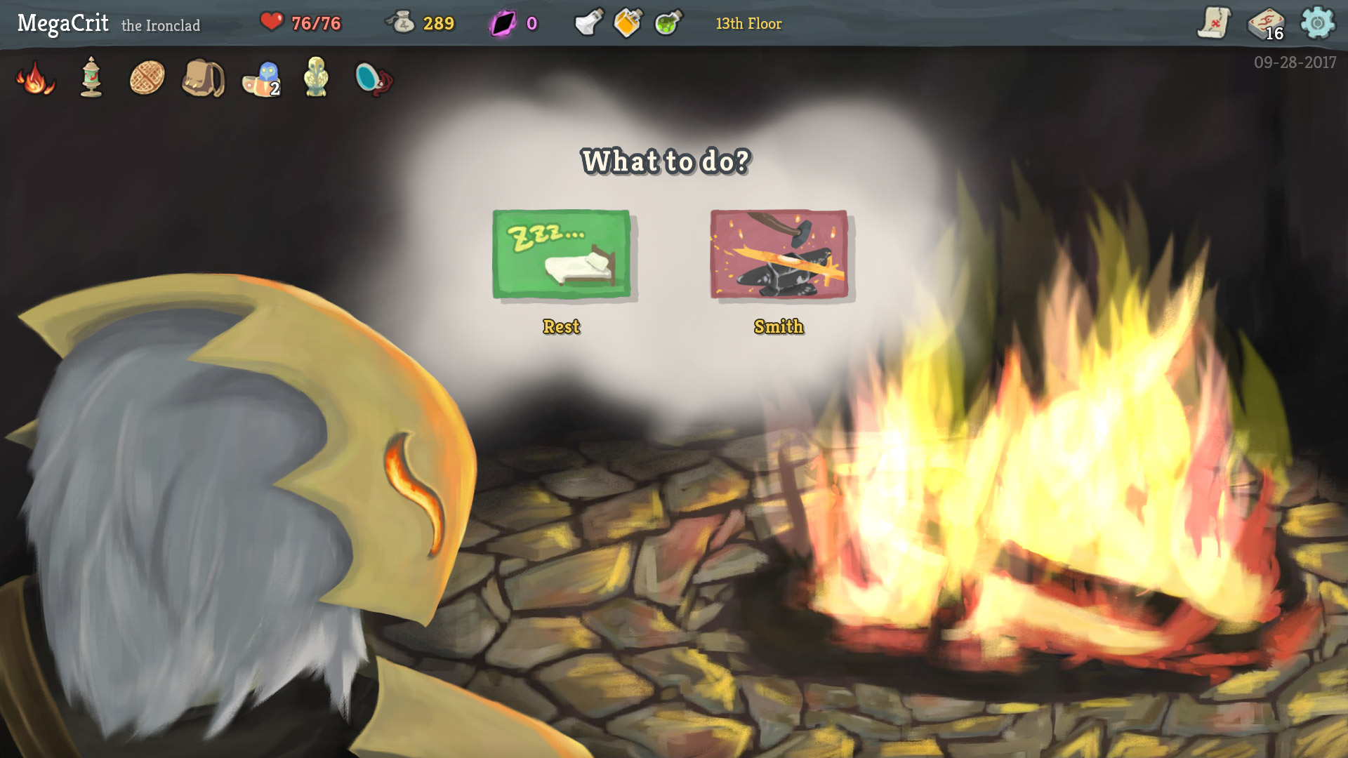 The Ironclad beside a blazing Rest Site campfire in Slay the Spire.