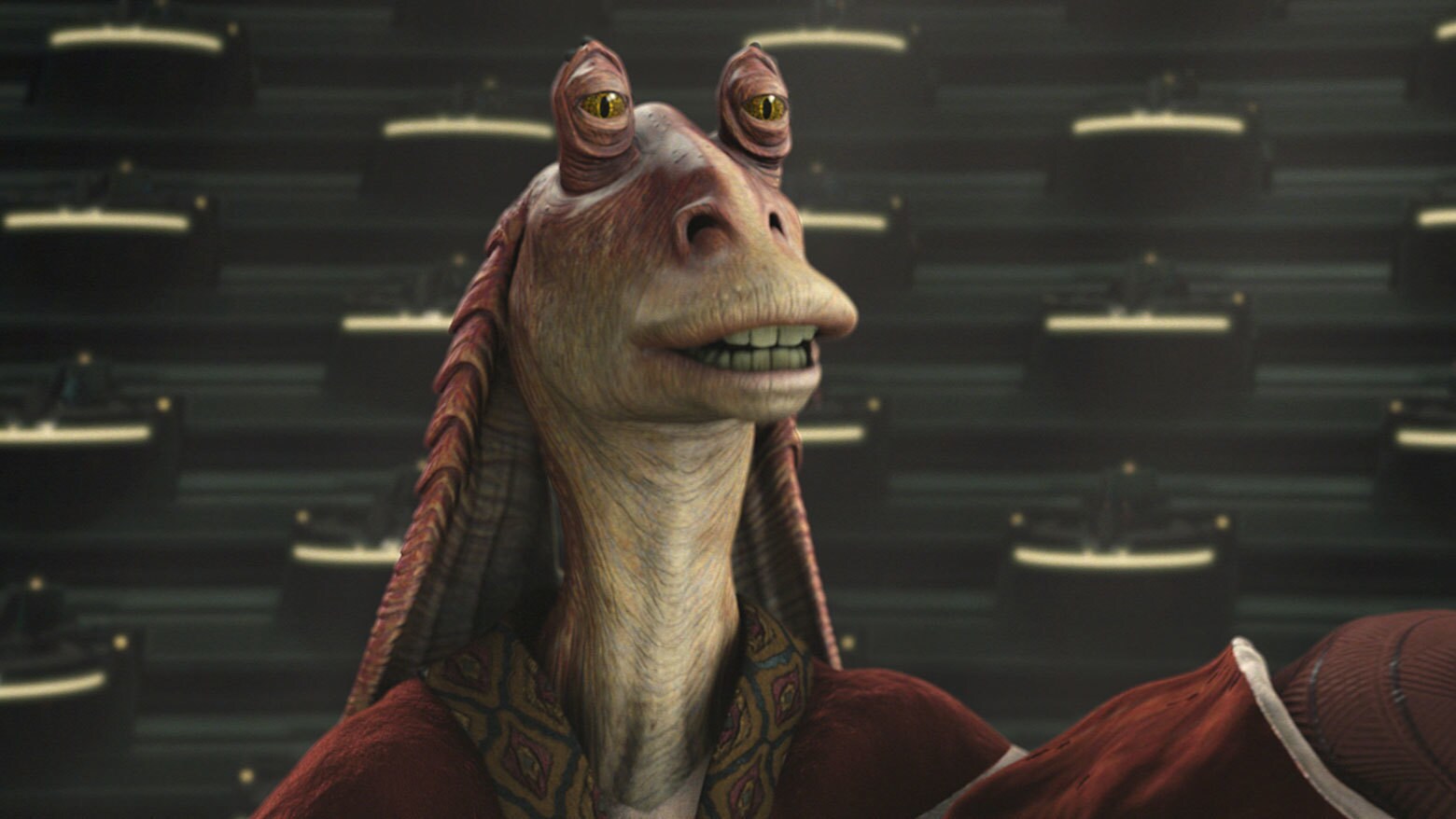 Jar Jar Binks smiles in a Galactic Senate chamber.