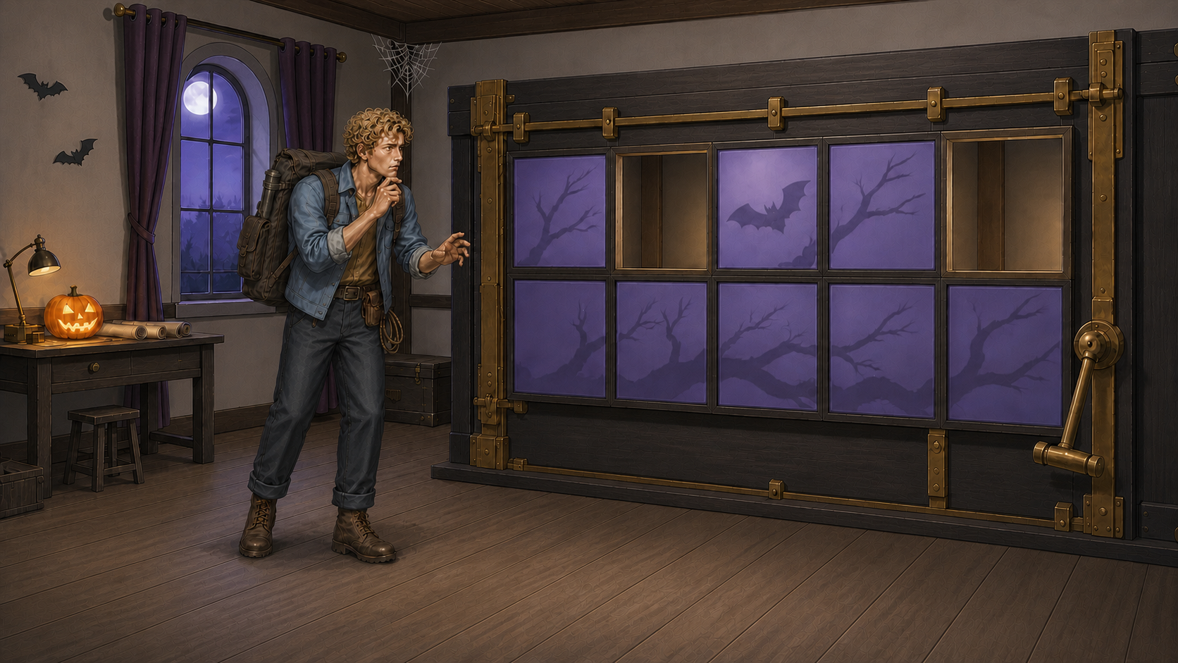 A puzzled Jules Meridian inspects eight translucent square panels catching spooky lantern-cast shadows in a moonlit Moorhaunt Puzzle House.