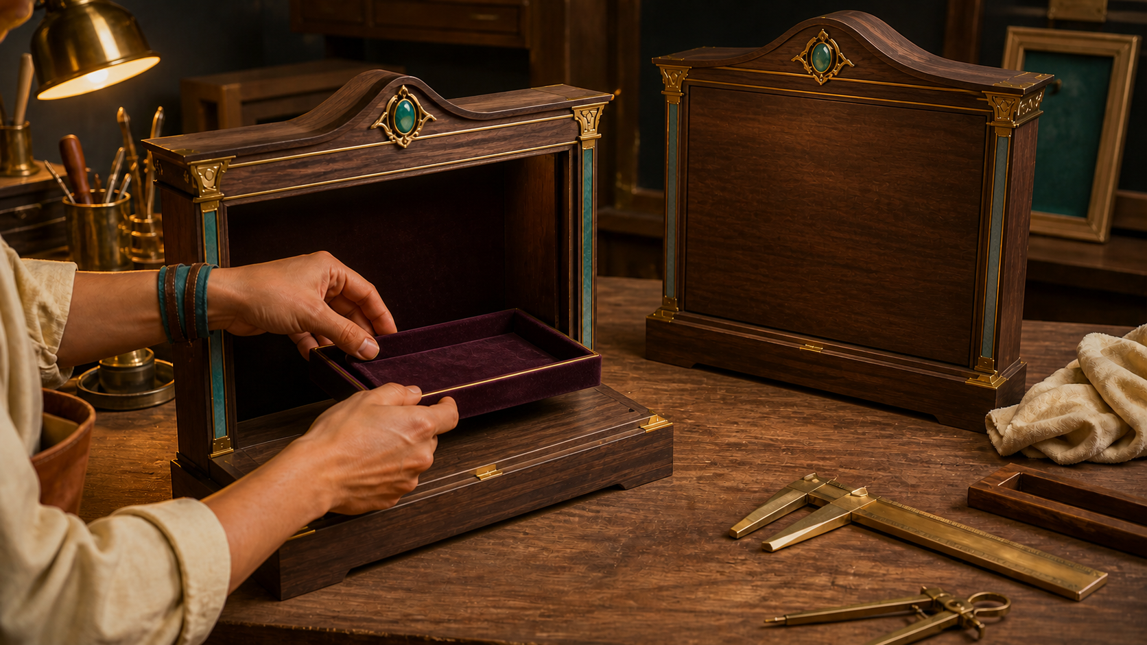 Jules's hands place one velvet tray into a brass Workshop cabinet.