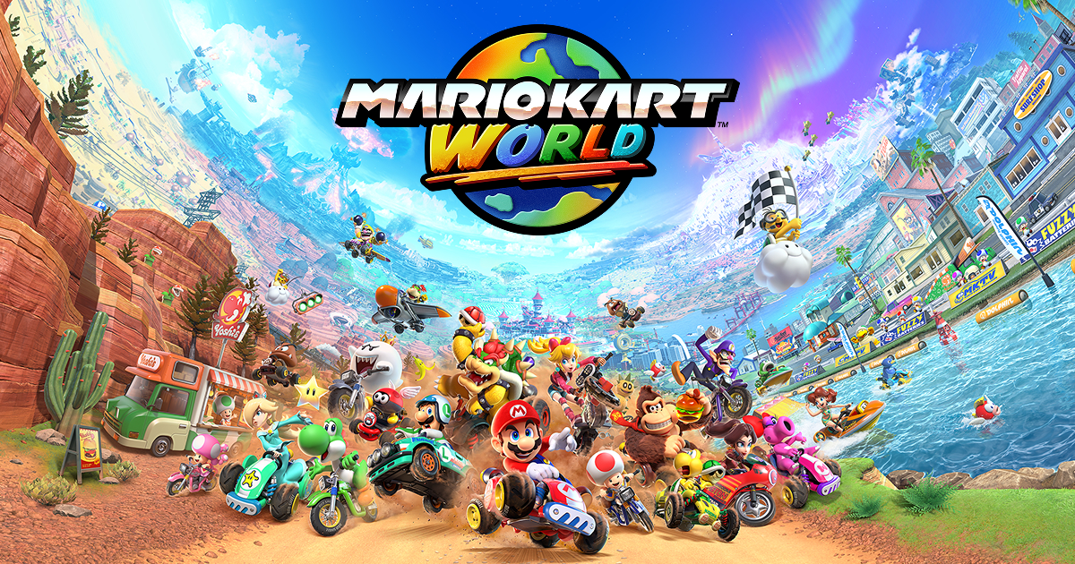 Mario leads a crowd of racers beneath the Mario Kart World logo.