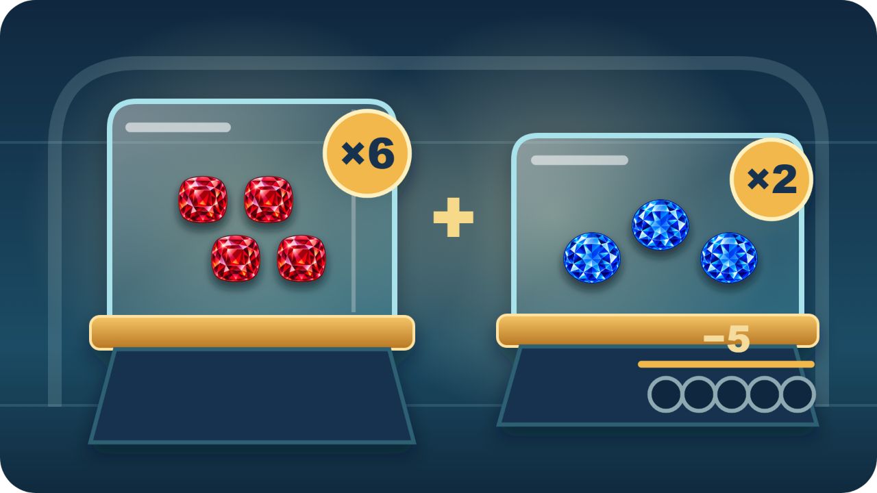 Rubies and sapphires arranged as the museum display equation.