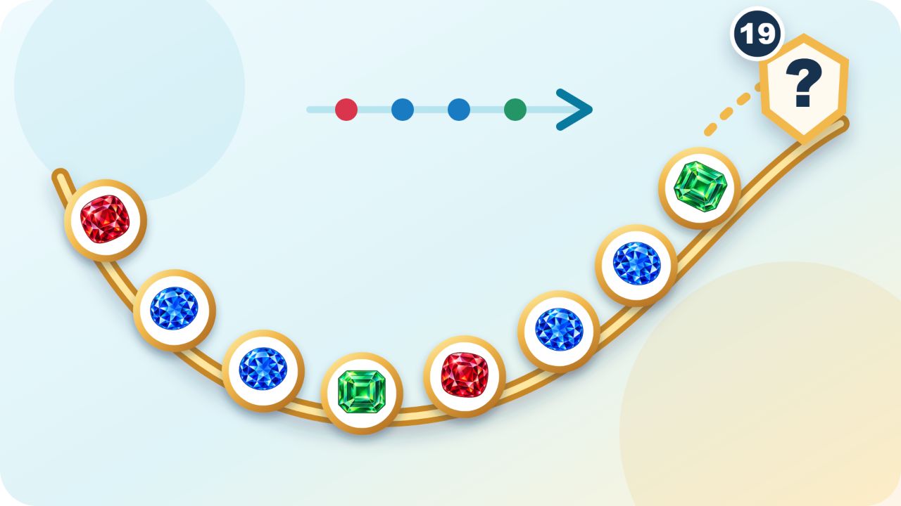 A repeating necklace pattern of ruby, sapphire, sapphire, and emerald.