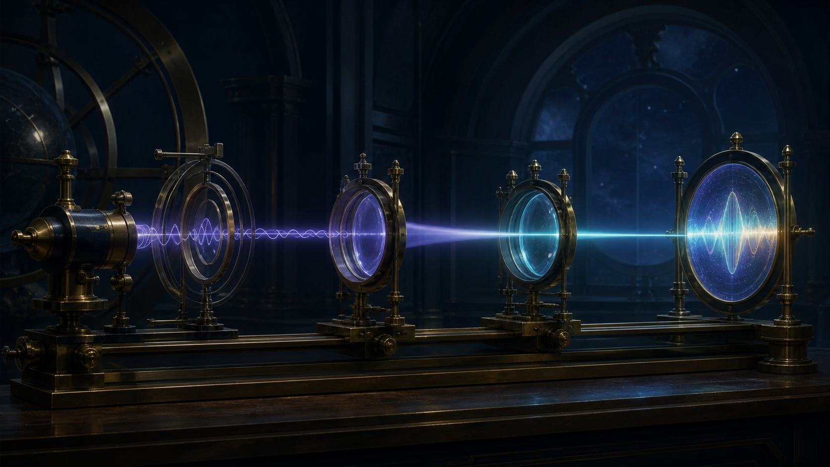 A glowing signal travels through three brass lens stages in the Observatory.