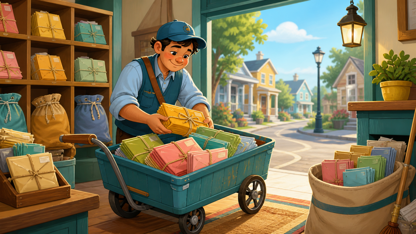 A cheerful mail worker loading paired packets onto a cart.