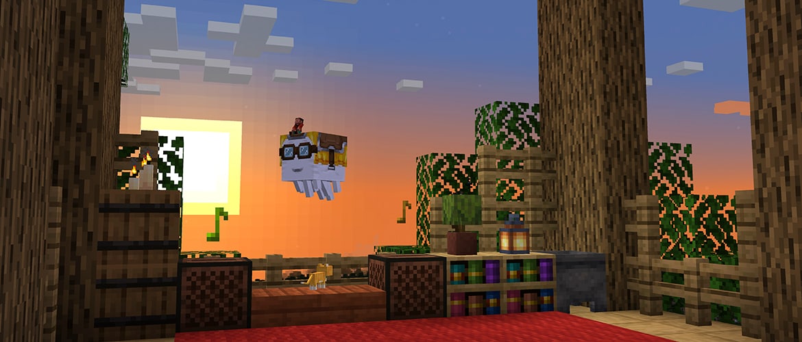 A Minecraft shelter glowing at sunset.