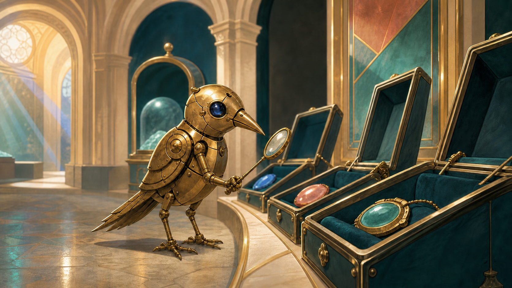 Rook, a small brass rule-bird, checks jewel cases in the Gallery.
