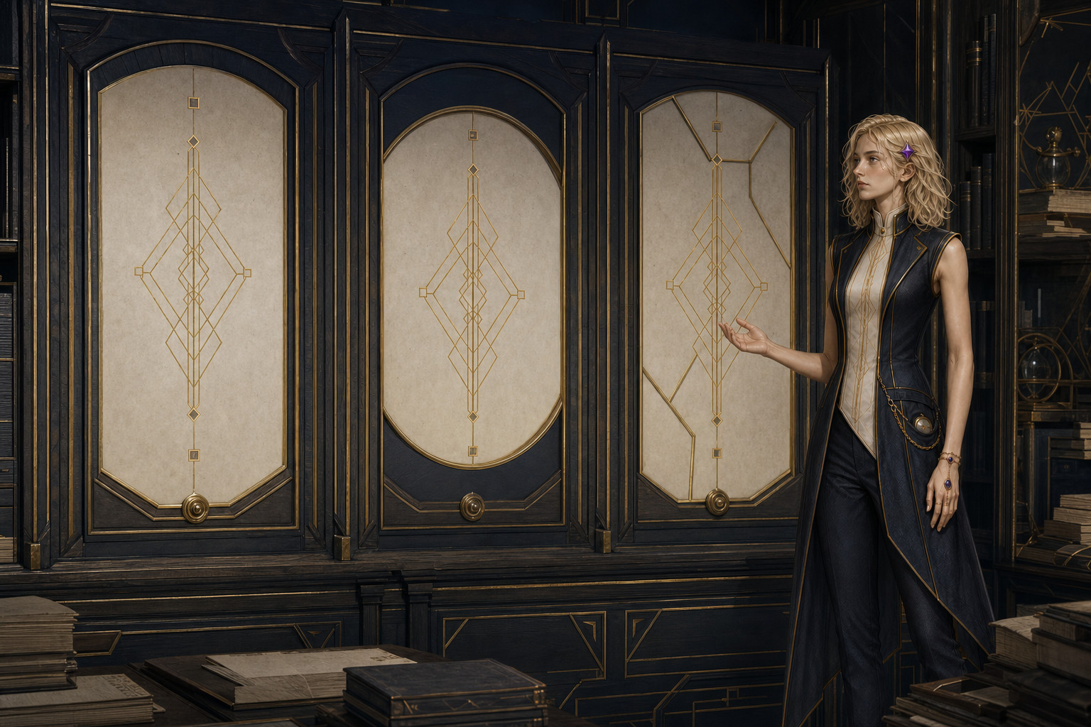 Vivian Meridian compares three tall ivory-and-gold Archive panels in an indigo records room.