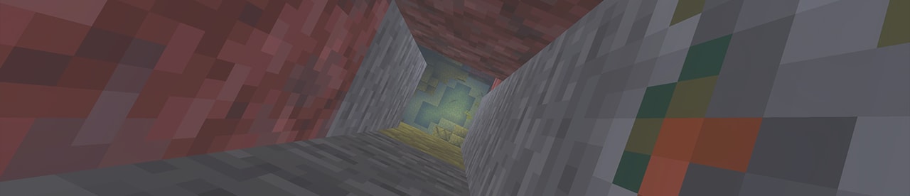A Minecraft view looking down a deep block tunnel.