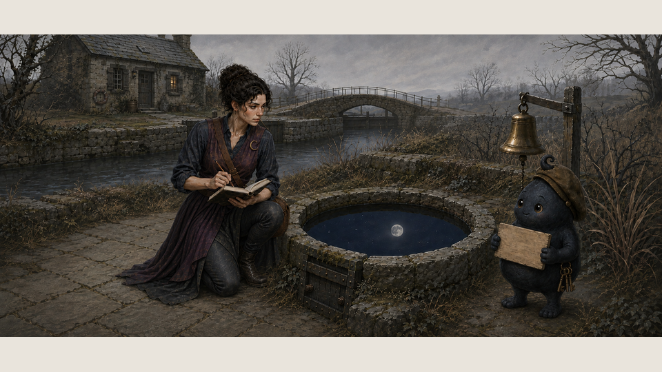 Luna and a small cap-wearing Moorwink lockkeeper inspect a stone river hollow reflecting a moonlit night beneath the daylight sky.