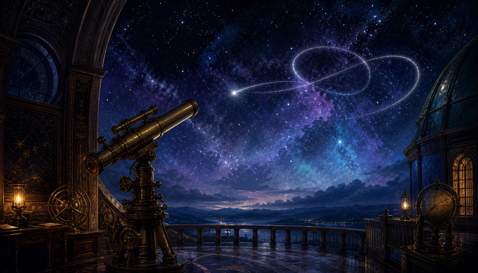 A brass telescope in a moonlit observatory points toward a luminous looping trail across a violet-and-blue star field.