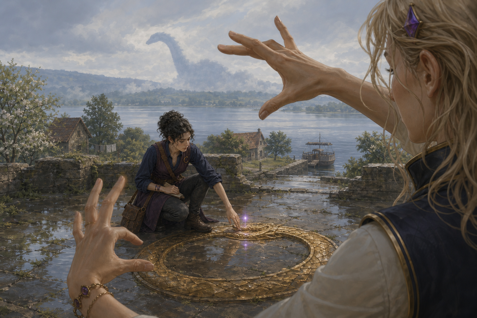 Seen over Vivian's shoulder, her hands frame Luna kneeling at an active serpent inlay while a great animal-like figure gathers from the lake mist.