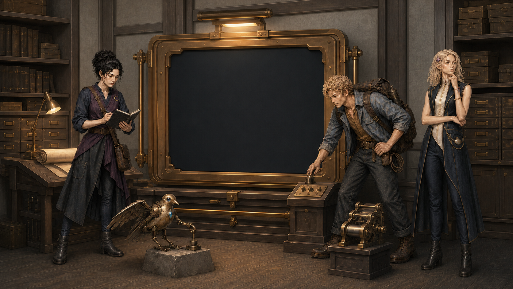 Luna records notes, Rook operates a report lever, Jules tests a control, and Vivian studies a blank brass-framed Directory screen.